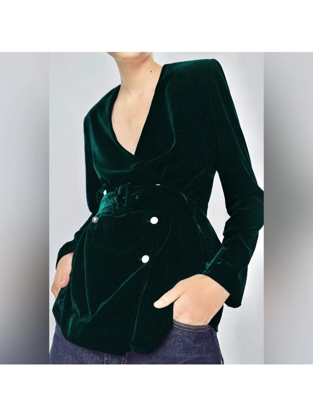 NWOT ZARA Green Velvet Belted Blazer - Picture 5 of 8